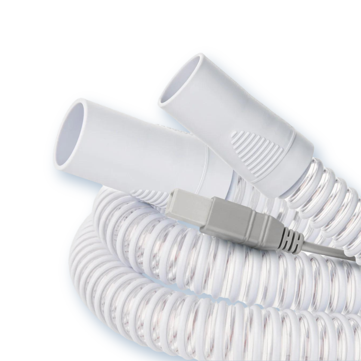Close-up of electrical connectors and rubber cuffs on React Health Luna G3 heated CPAP hose