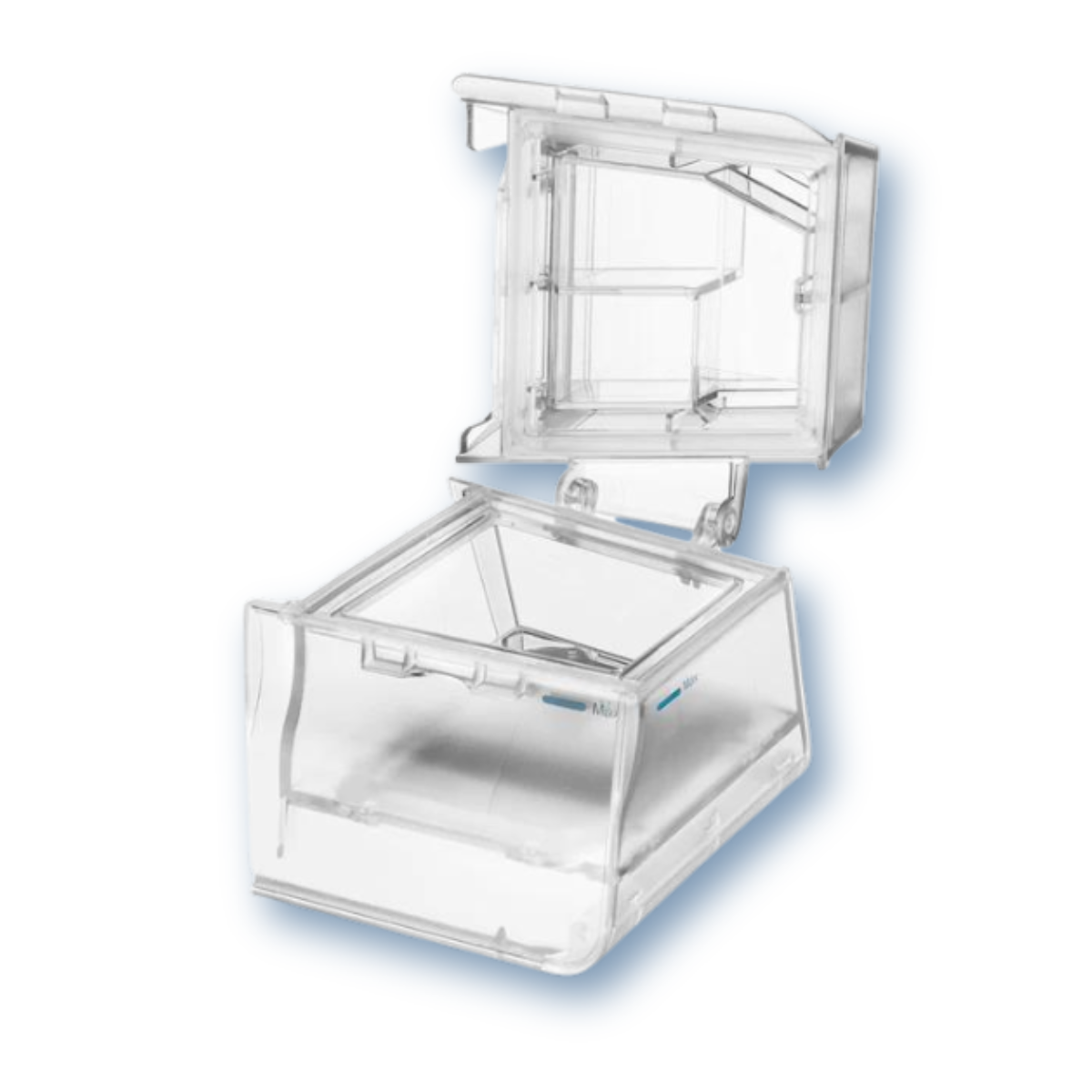 React Health Luna G3 replacement water chamber with lid open showing cleanable silicone seal