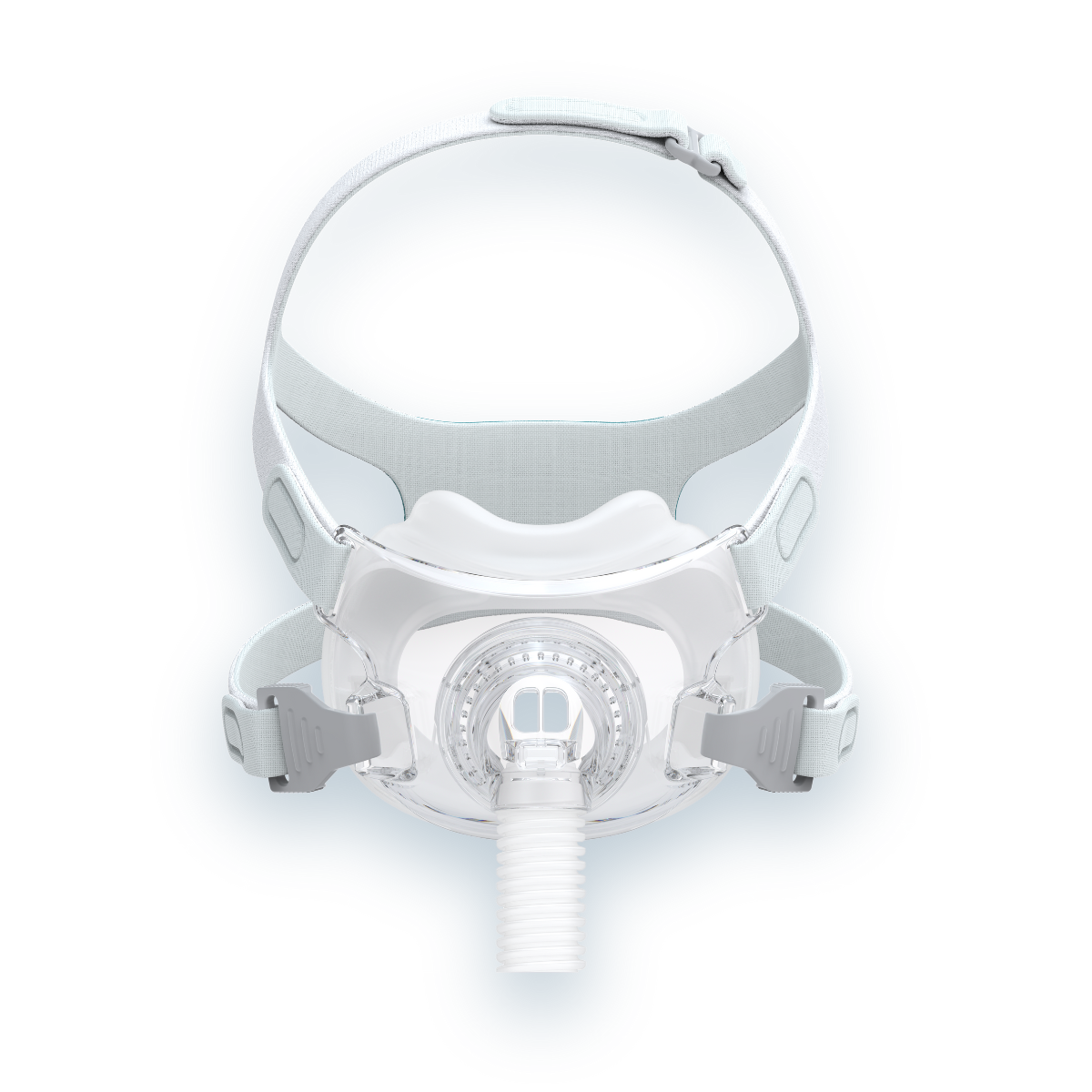 React Health Rio II full-face CPAP mask with silicone cushion and headgear, front view