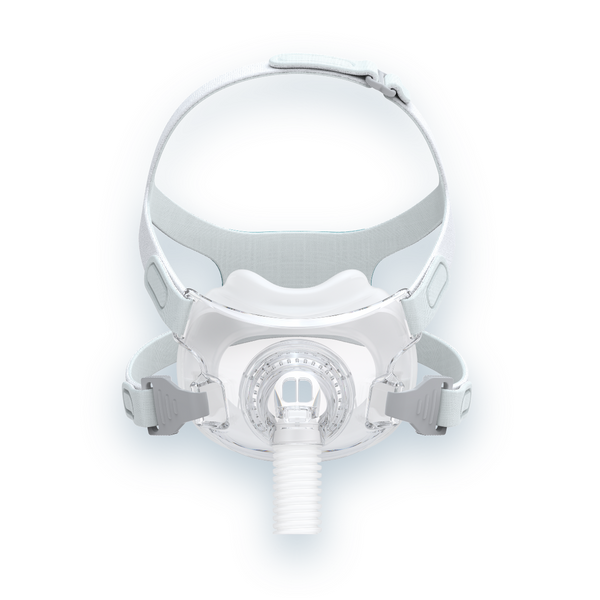 React Health Rio II full-face CPAP mask with silicone cushion and headgear, front view