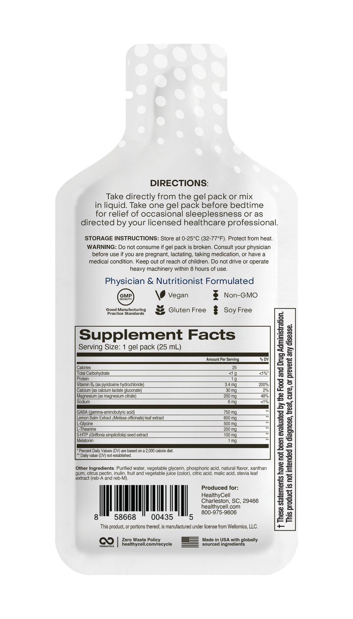 Rear packaging view of HealthyCell REM Sleep MicroGel single-serve gel packet
