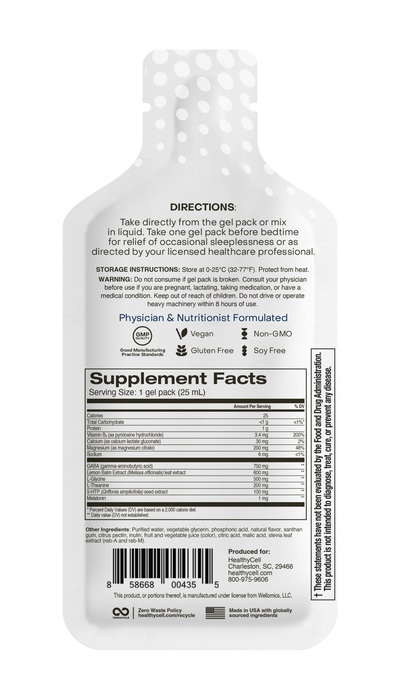 Rear packaging view of HealthyCell REM Sleep MicroGel single-serve gel packet