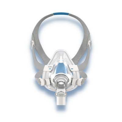 Front view of ResMed AirFit F20 full-face CPAP mask assembly with silicone cushion and headgear