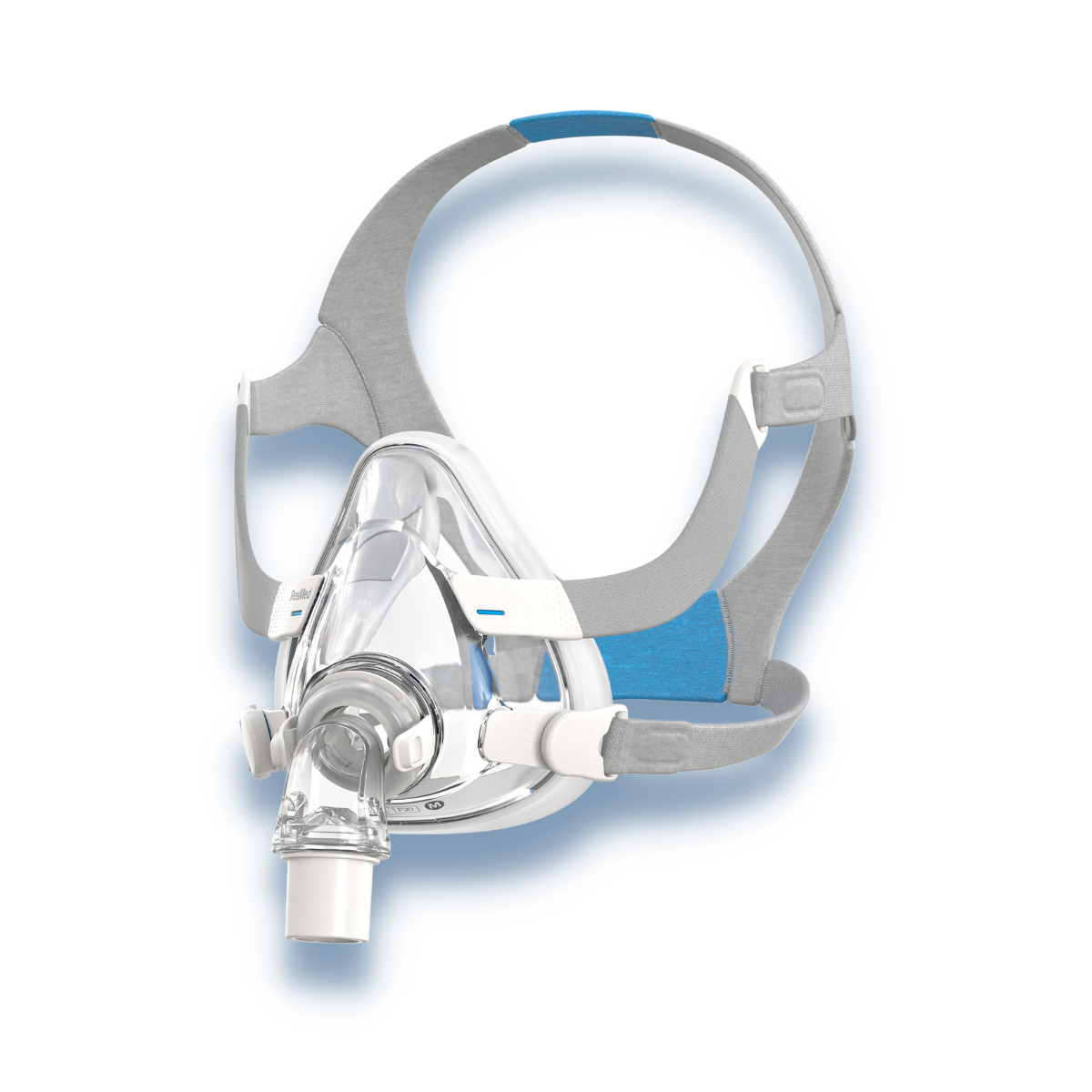 Left side profile of ResMed AirFit F20 full-face CPAP mask showing magnetic clips