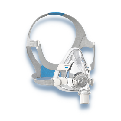 Right side profile of ResMed AirFit F20 full-face CPAP mask and headgear