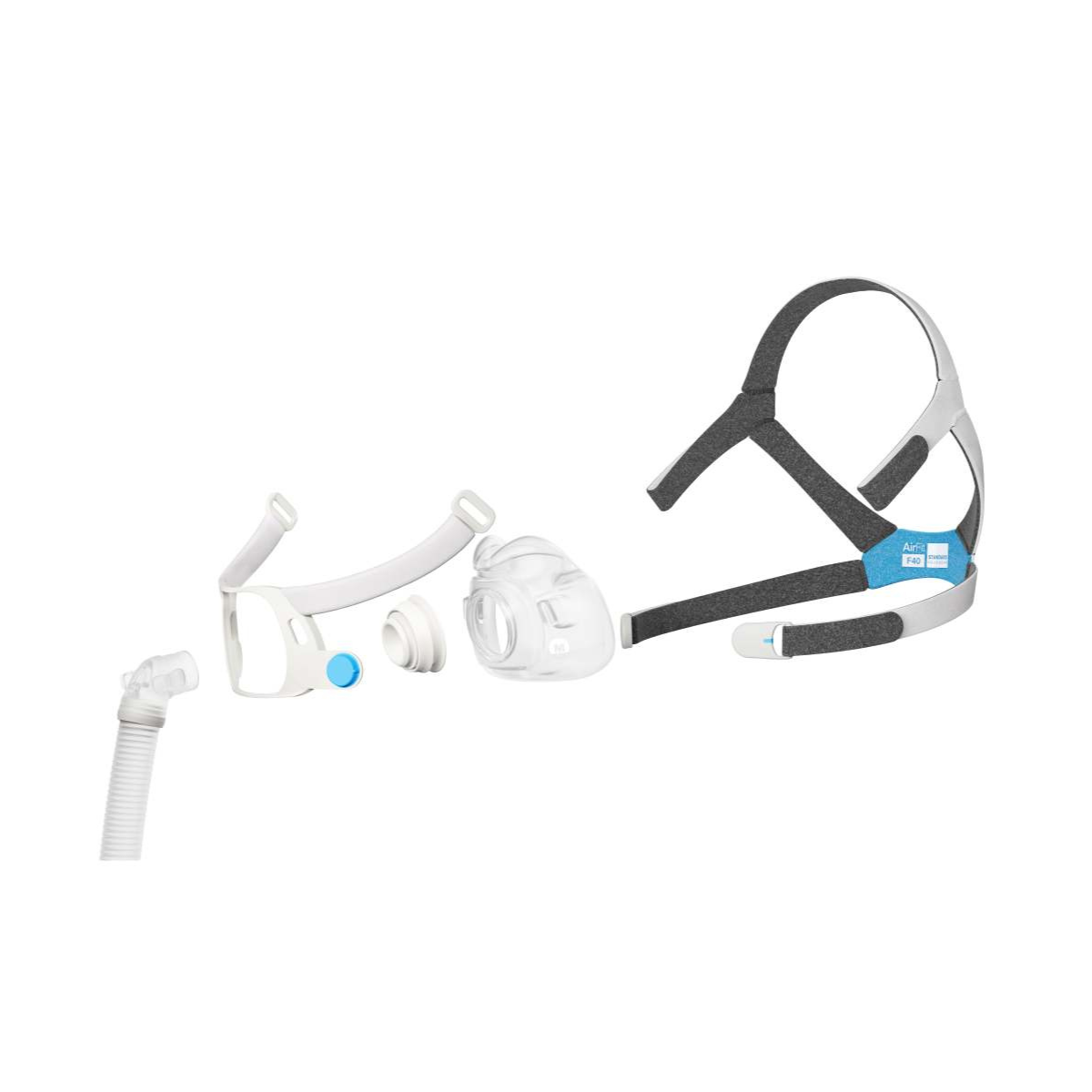 Exploded view illustrating parts and assembly of ResMed AirFit F40 full-face CPAP mask
