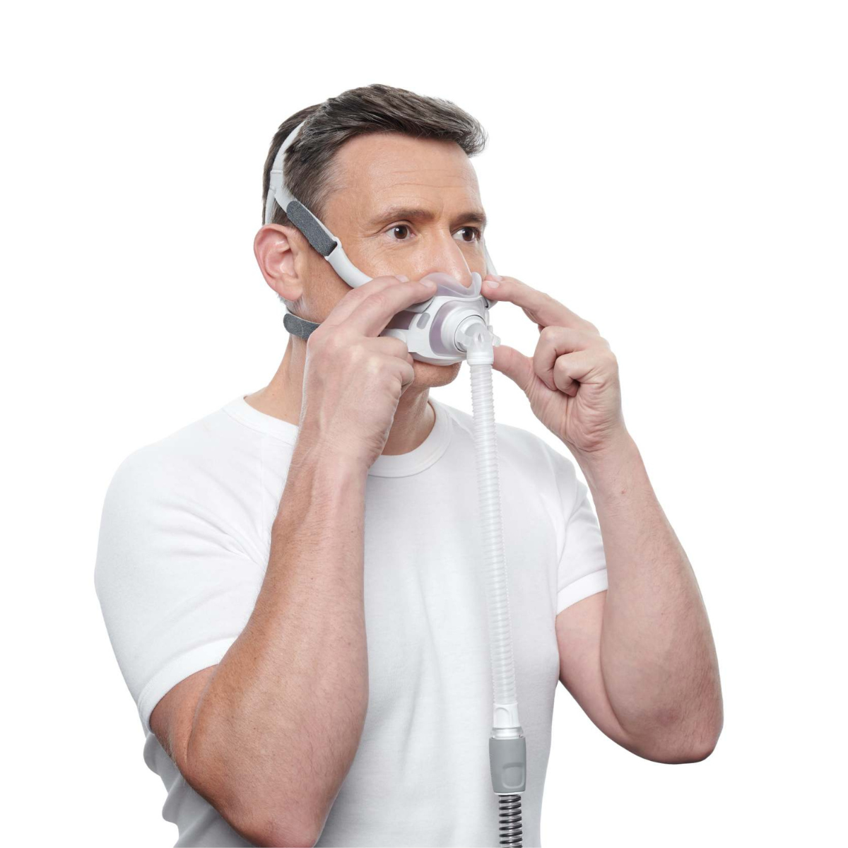 Male CPAP user wearing ResMed AirFit F40 minimal-contact full-face CPAP mask