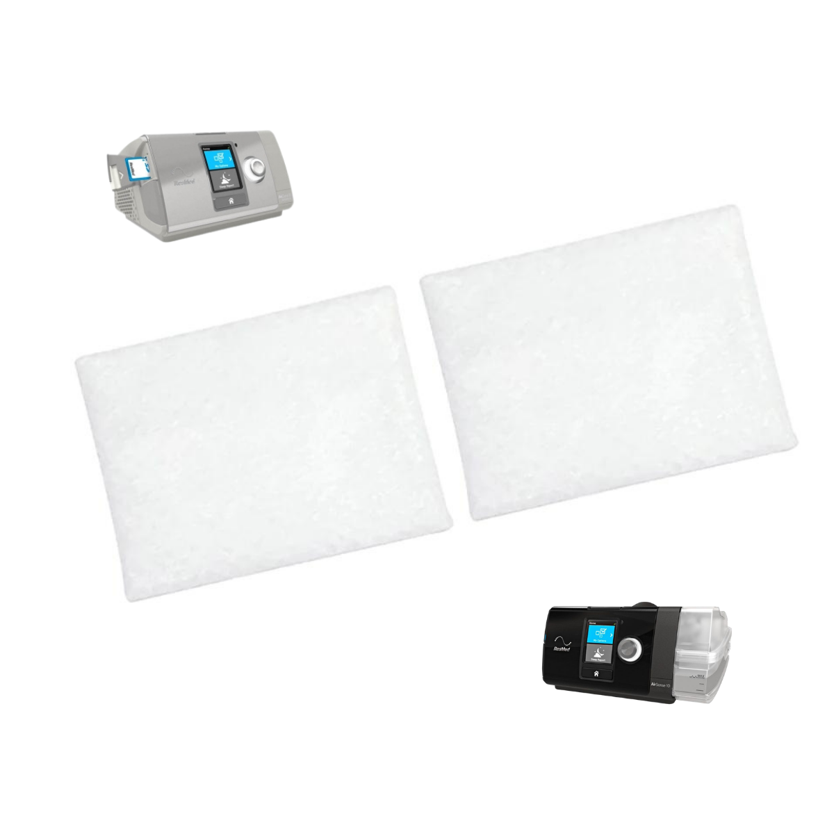 A sleep apnea or CPAP therapy kit shown on a plain white background, including a gray and white machine at the top left, two white rectangular cushion pads in the center, and a black and clear machine at the bottom right.