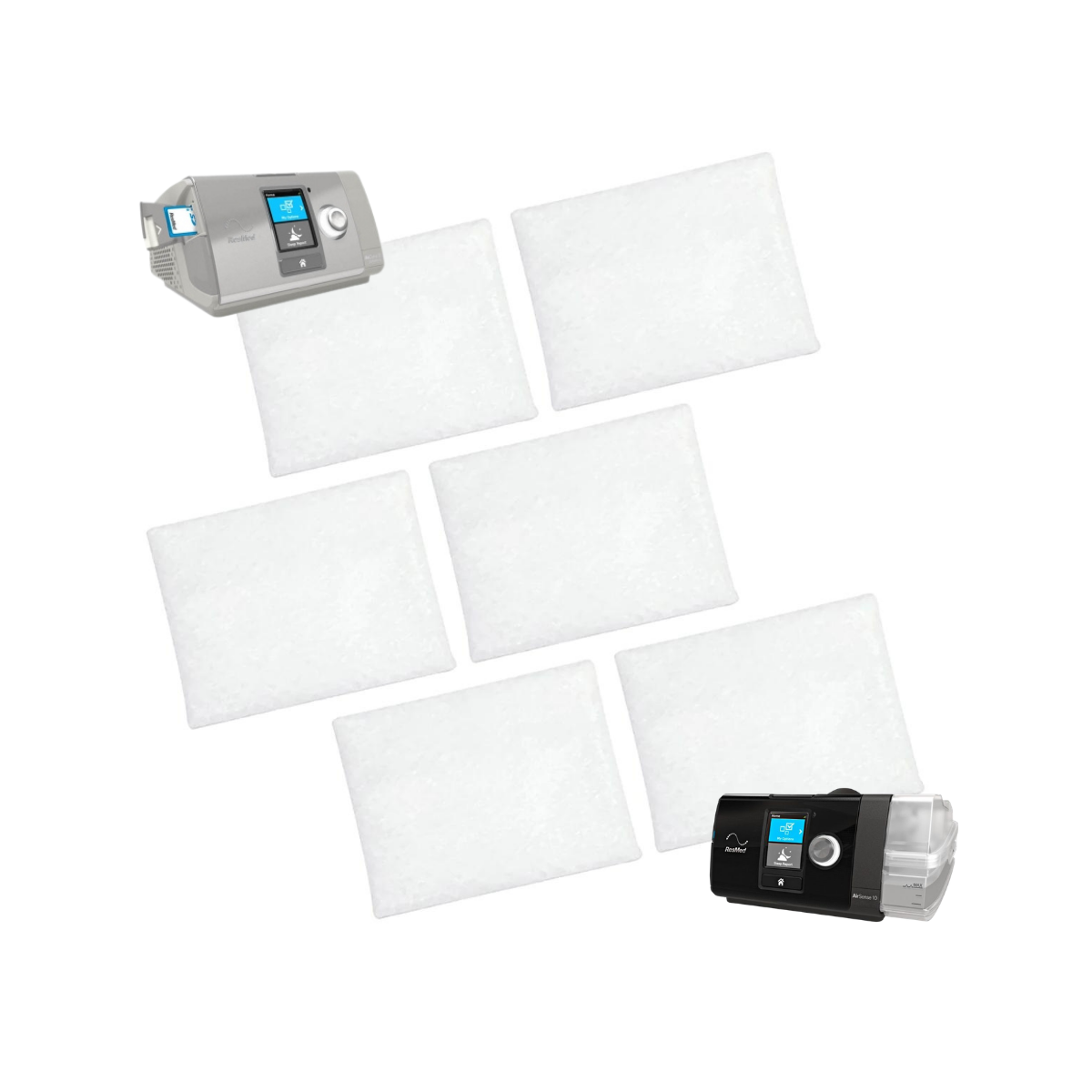 A medical breathing device kit on a white background, featuring a gray and black face mask ventilator at the top left and a black face mask ventilator at the bottom right, surrounded by five white rectangular filter cartridges.