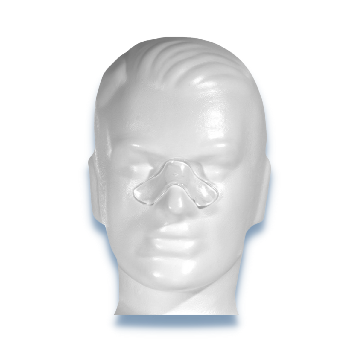 Boomerang gel pad positioned across nasal bridge of mannequin under CPAP mask