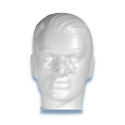 Boomerang gel pad positioned across nasal bridge of mannequin under CPAP mask