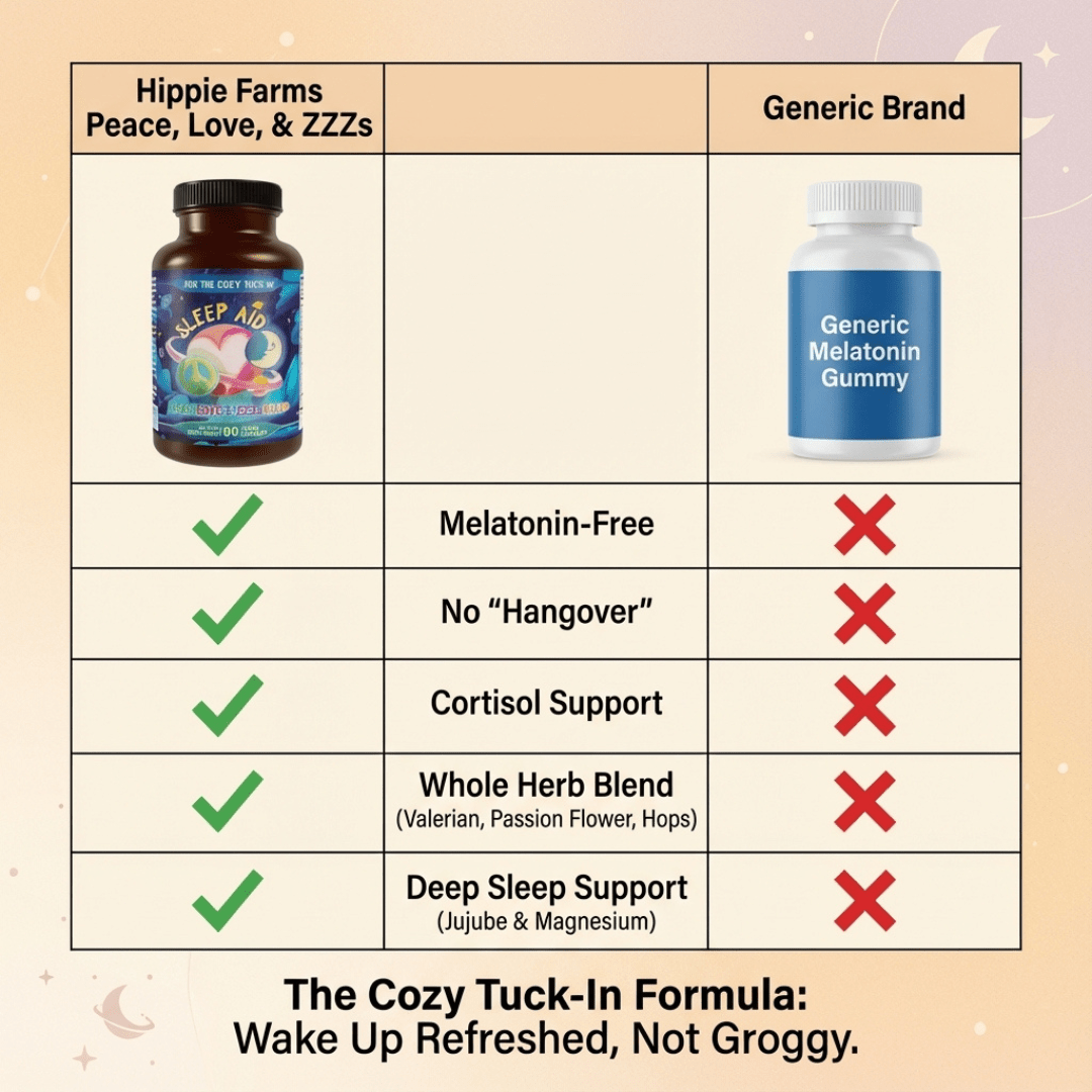 Side label view of Hippie Farms Peace, Love & ZZZs natural sleep aid bottle