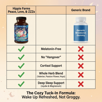 Side label view of Hippie Farms Peace, Love & ZZZs natural sleep aid bottle