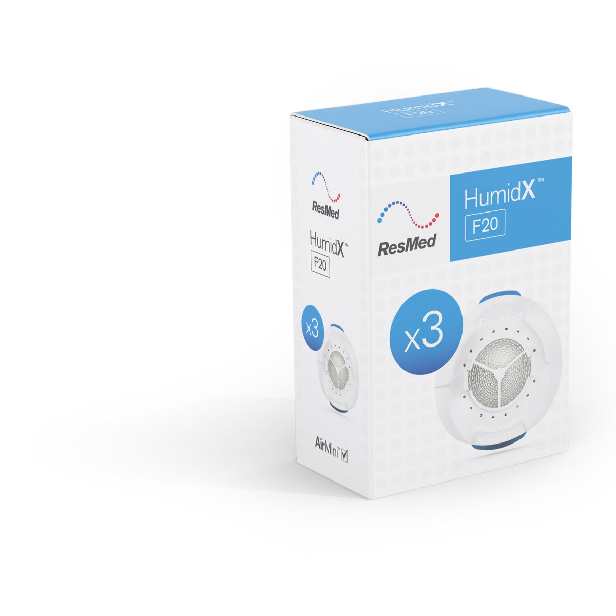 Side panel of ResMed HumidX 3-pack for F20 full-face CPAP mask detailing usage guidance