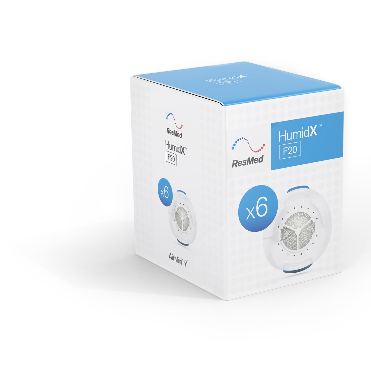 Side panel of ResMed HumidX 6-pack for F20 full-face CPAP mask detailing compatibility
