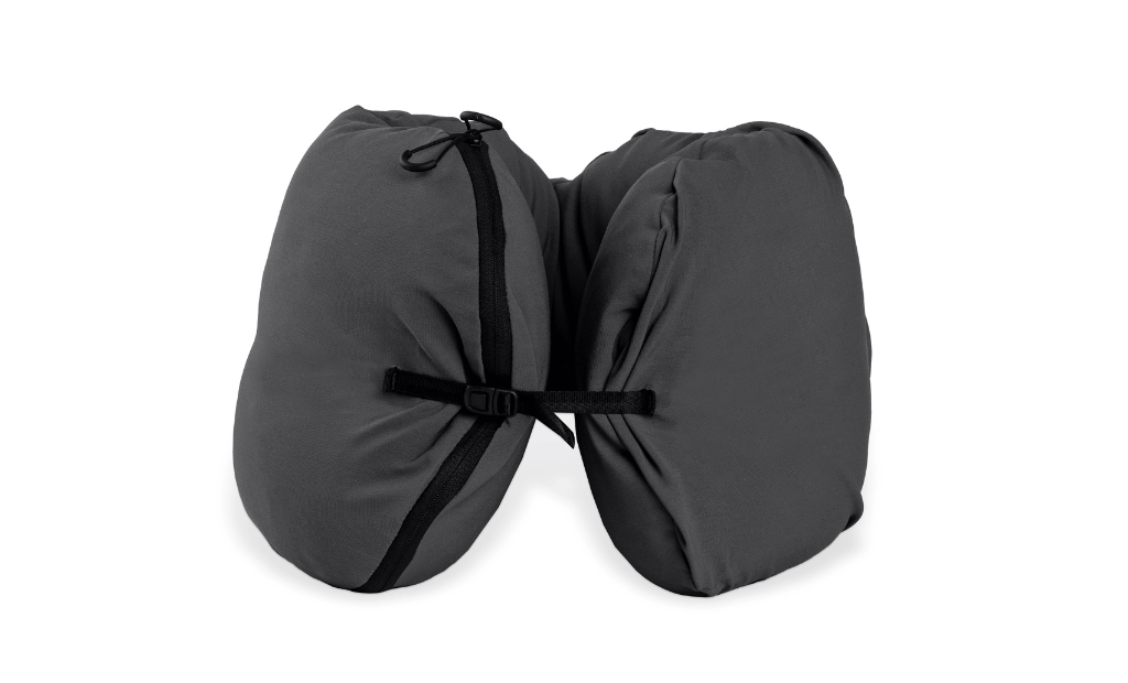 Side-by-side comparison of HEST Pro pillow shown in packed travel mode and open sleep mode