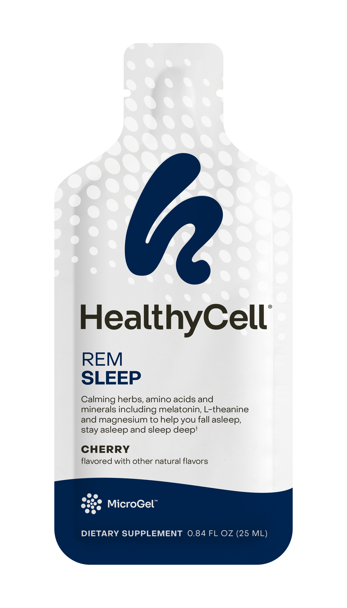 Single-serve gel pouch sachet of HealthyCell REM Sleep MicroGel natural sleep support