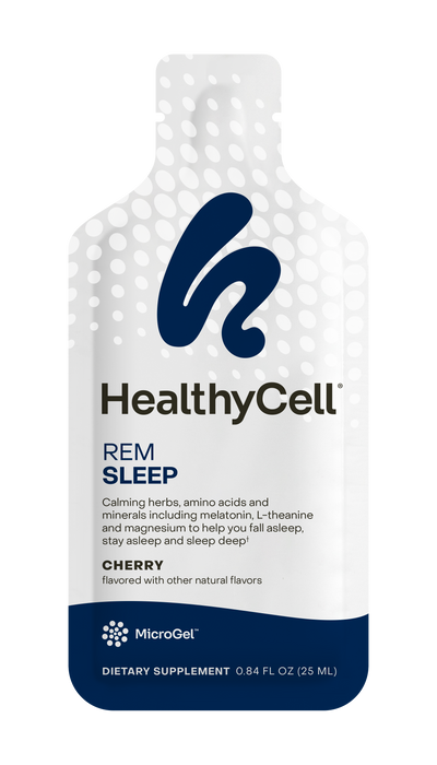 Single-serve gel pouch sachet of HealthyCell REM Sleep MicroGel natural sleep support