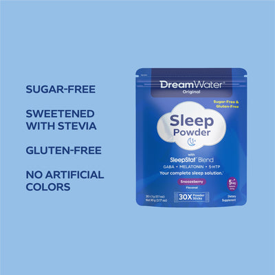 Single-serve stick pack of DreamWater Snoozeberry flavored dissolvable sleep powder