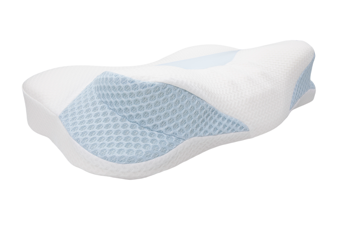 Top perspective showing contoured cervical hollow and shoulder recesses of Sleep Again pillow