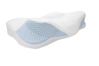 Top perspective showing contoured cervical hollow and shoulder recesses of Sleep Again pillow