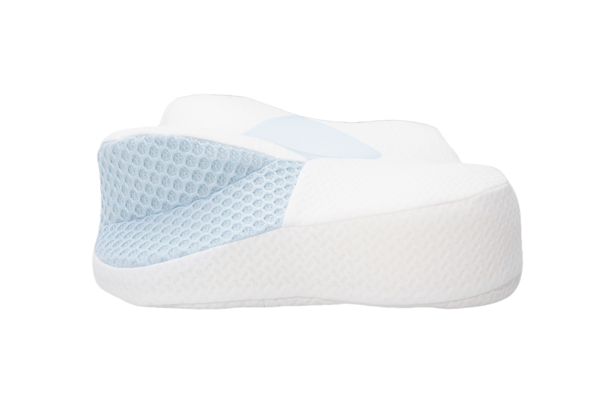 Graphic illustrating cooling memory foam and breathable airflow channels in Sleep Again pillow