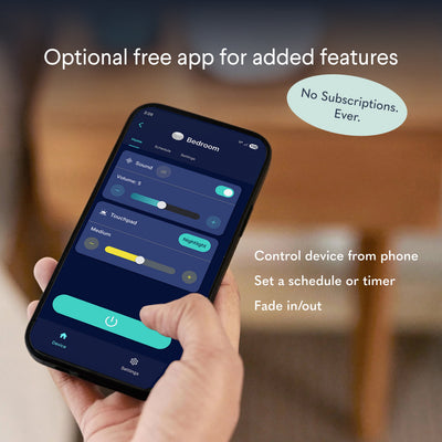 Smartphone screen displaying Bluetooth app controls for scheduling SNOOZ Pro sound machine
