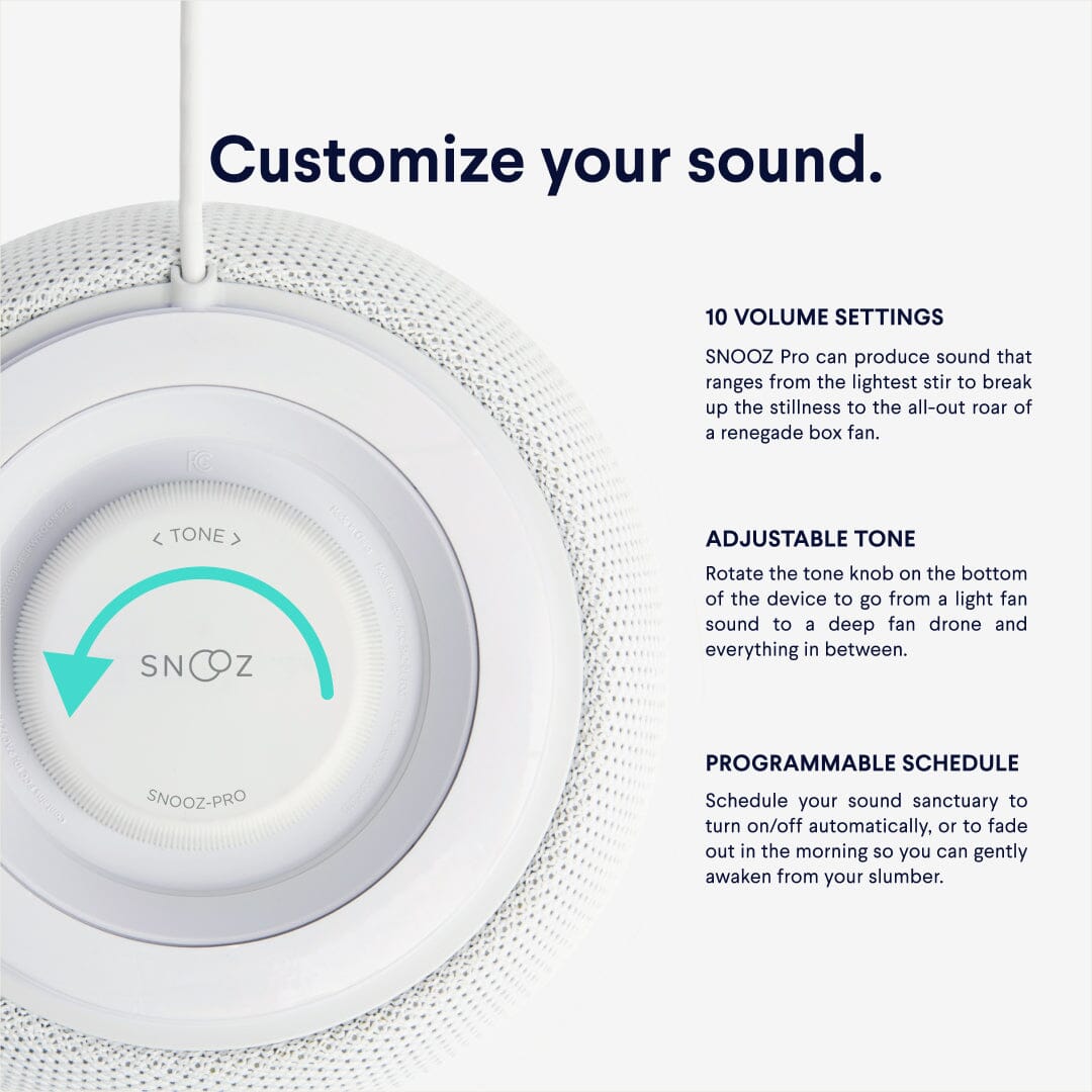 Snooz Pro device with volume control and customization options on a white background