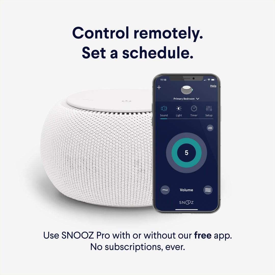 SNOOZ Pro : Smart White Noise Sound Machine with smartphone displaying mobile app features. Displaying interface on a light gray background.