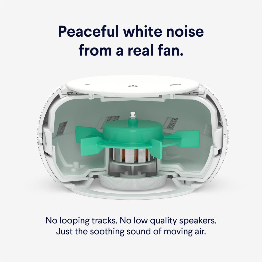 SNOOZ Pro : Smart White Noise Sound Machine fan with text about peaceful white noise and quality speakers on a white background
