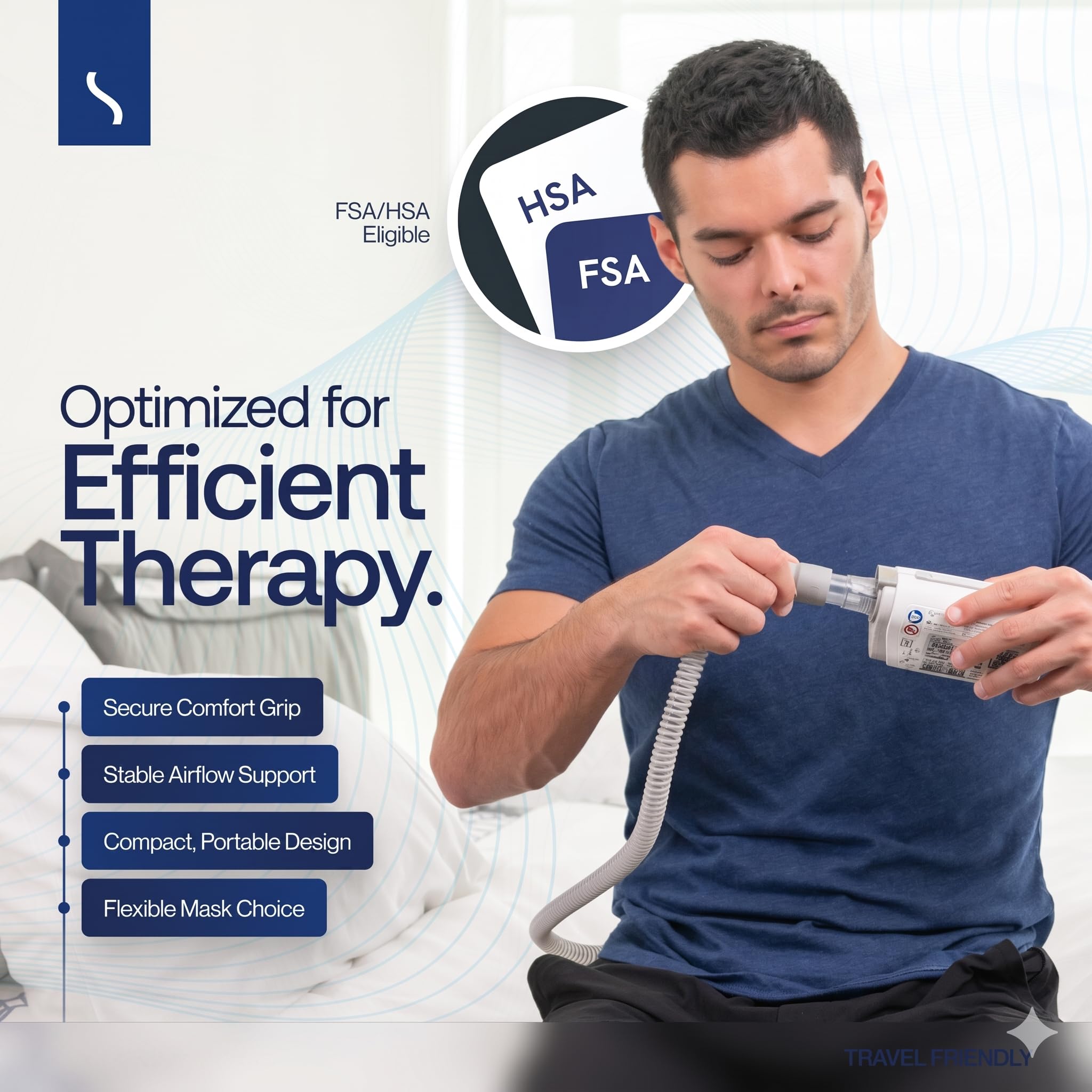 Man using a Snugell AirMini adapter with text highlighting features and eligibility for FSA/HSA.