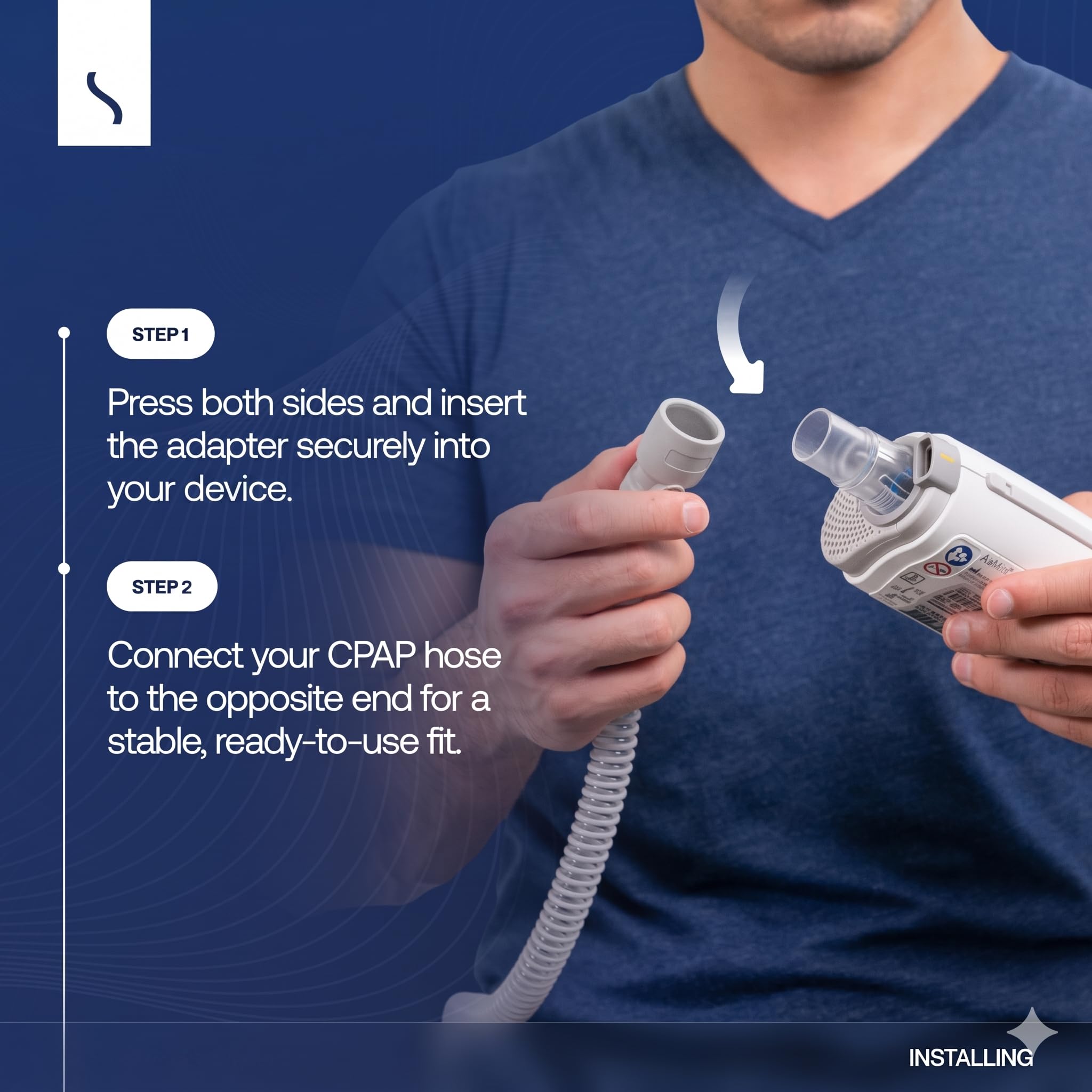 Person holding a CPAP device and hose with installation instructions on a blue background