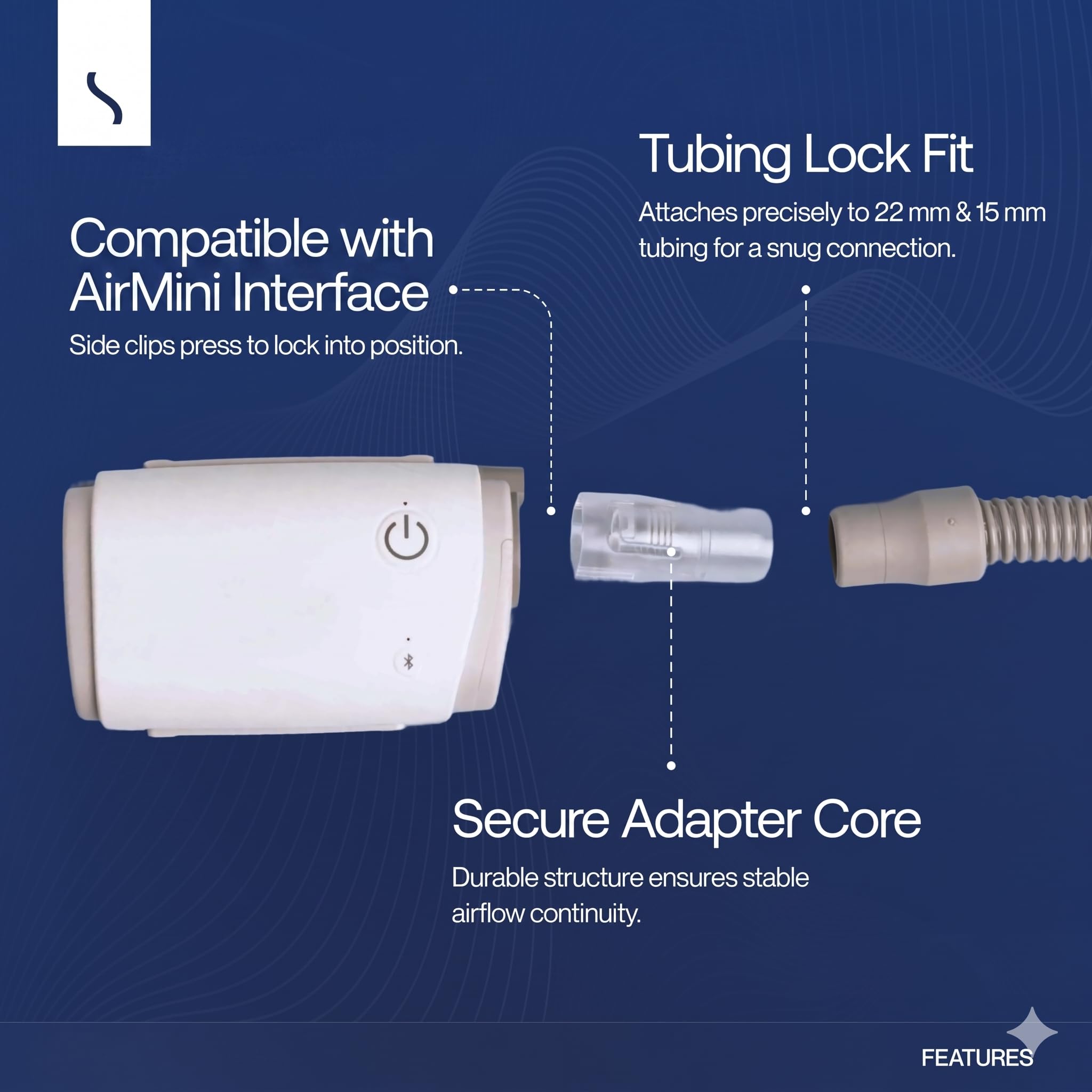 Product features of a device with tubing lock fit and secure adapter core on a blue background.