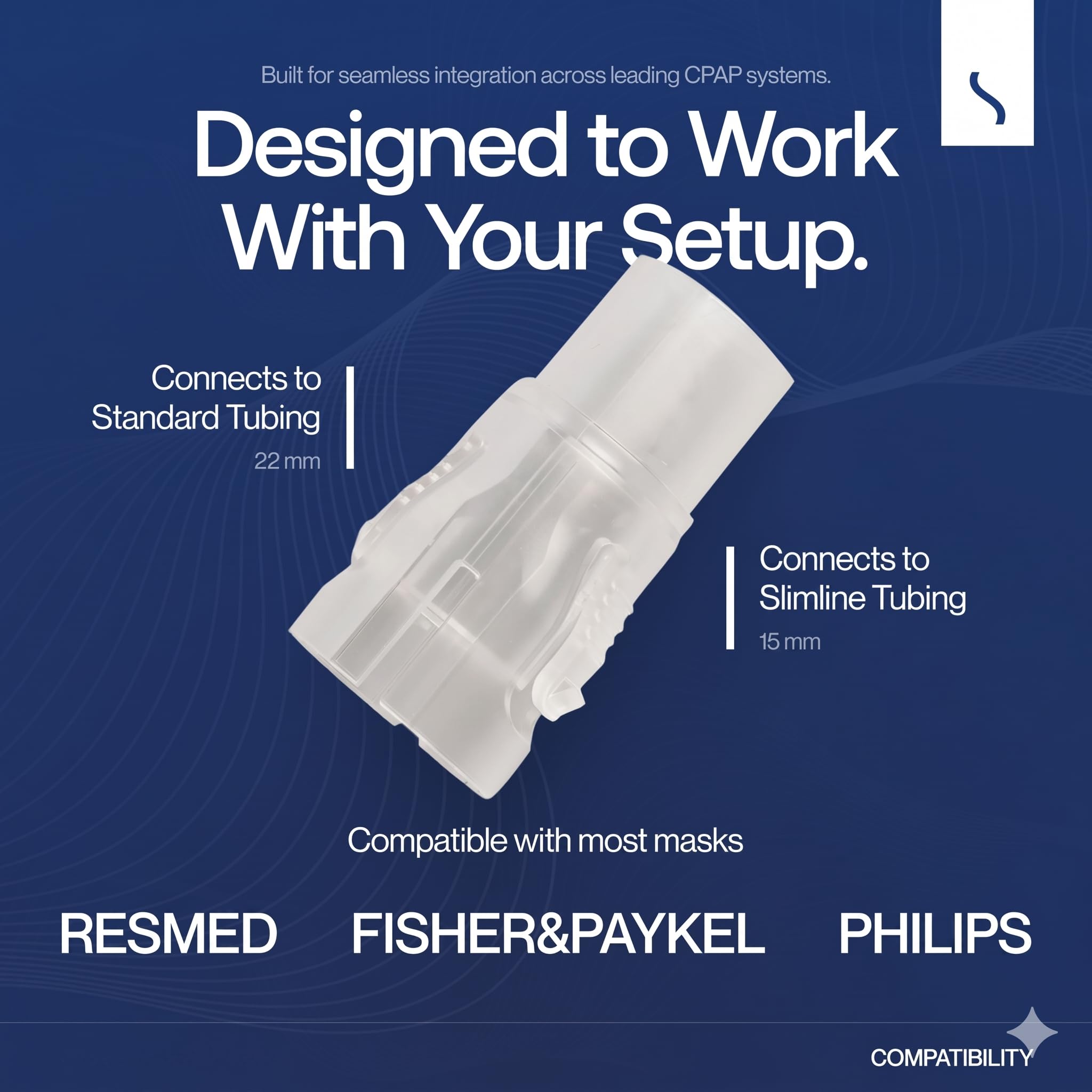 Product compatibility with leading CPAP systems on a blue background