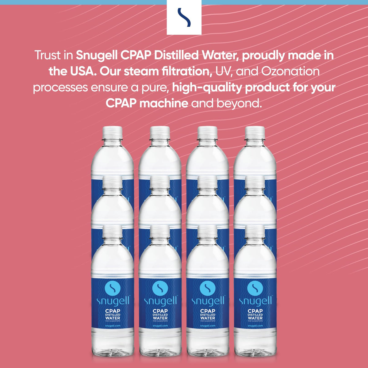 Snugell CPAP distilled water bottles on a pink background with text about product features.