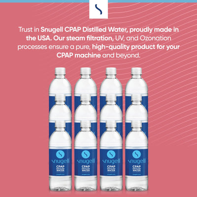 Snugell CPAP distilled water bottles on a pink background with text about product features.