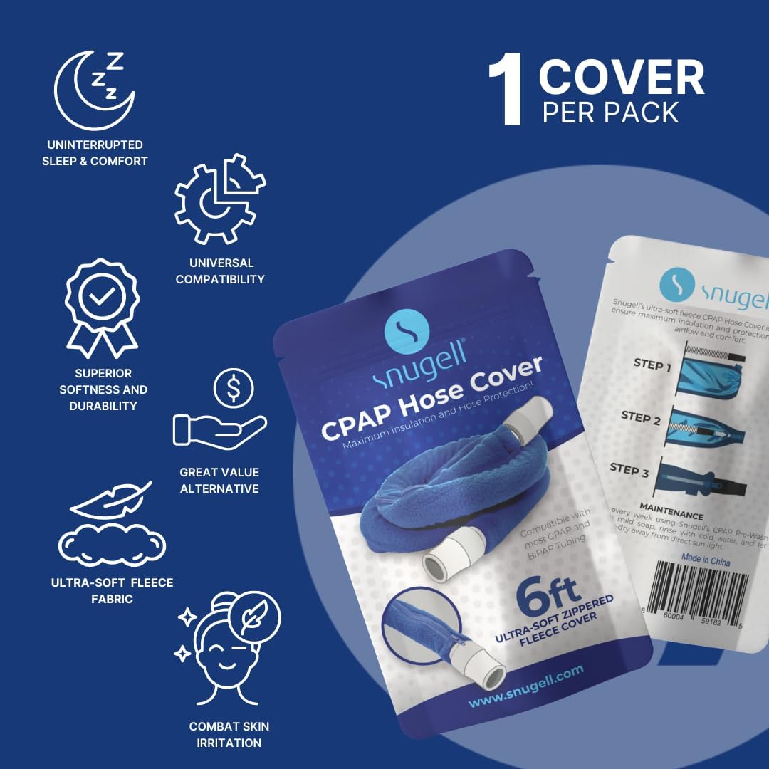 Nugell CPAP hose cover packaging with features listed on a blue background