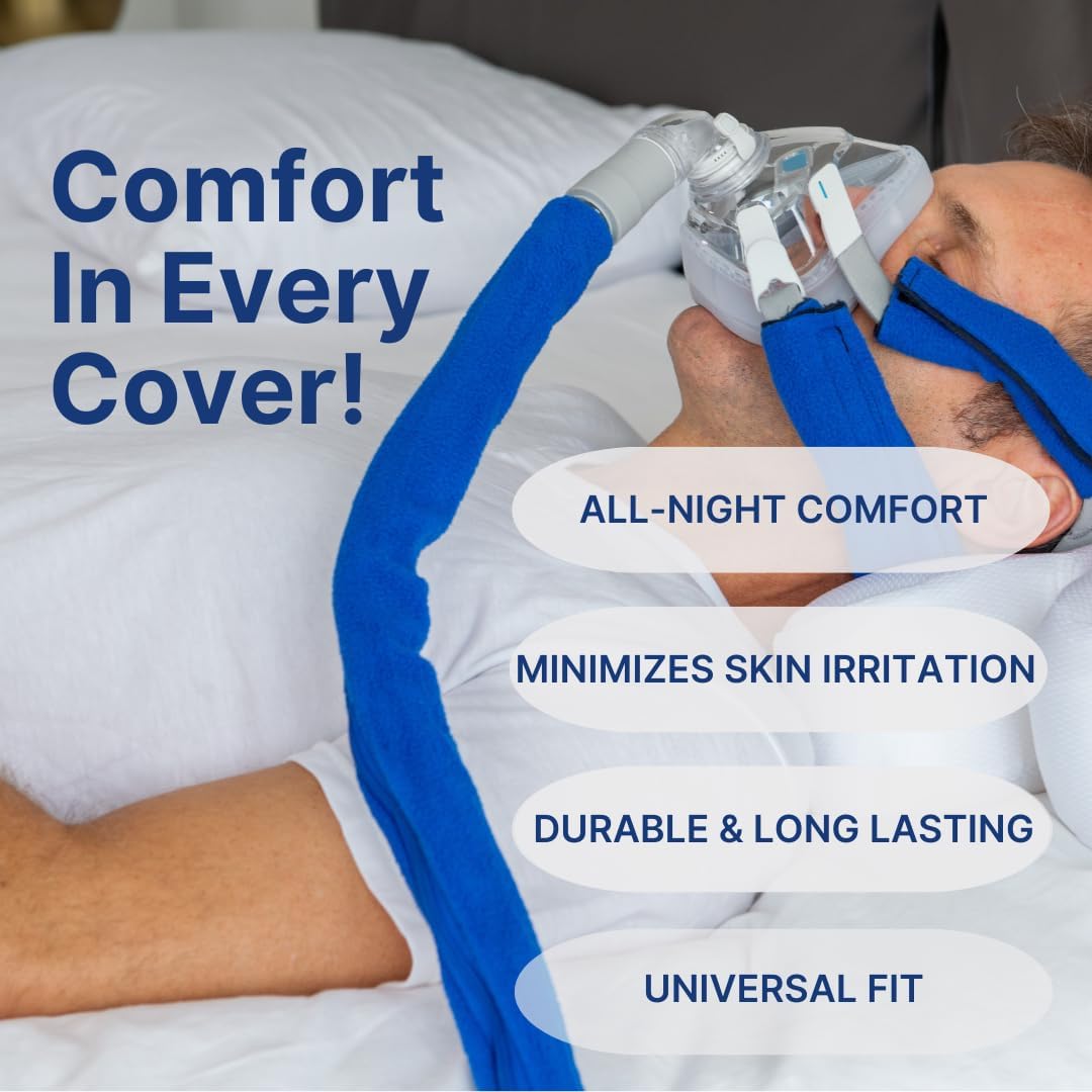 Person using a CPAP machine with text highlighting features on a white background
