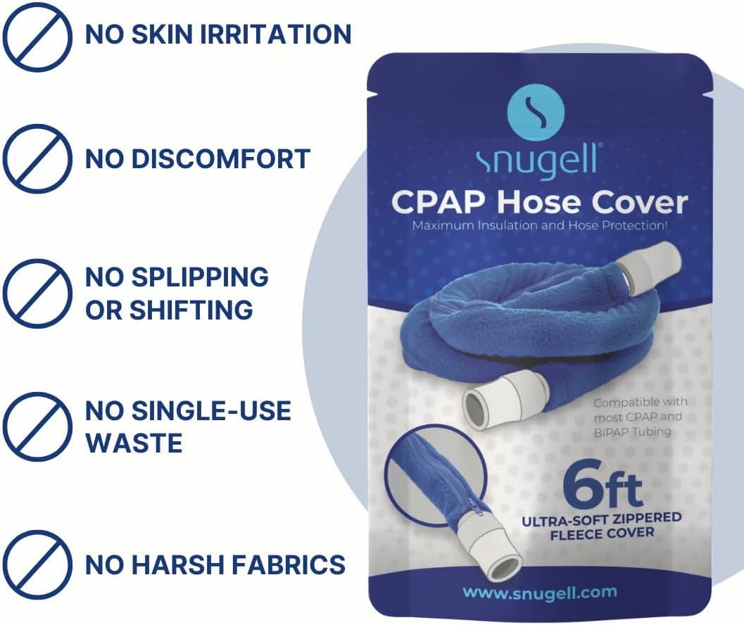 Snugell CPAP hose cover packaging with features listed on a blue background