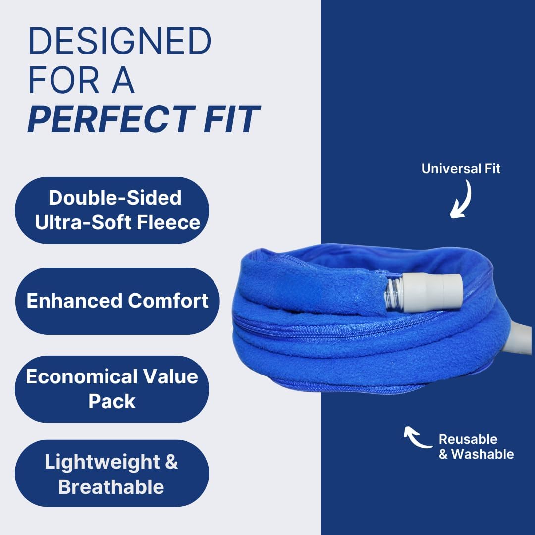 Blue fleece product with features listed on a white and blue background