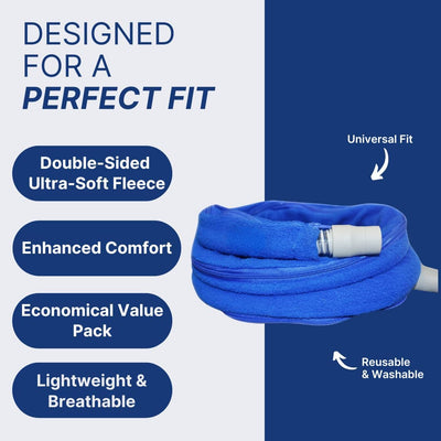 Blue fleece product with features listed on a white and blue background