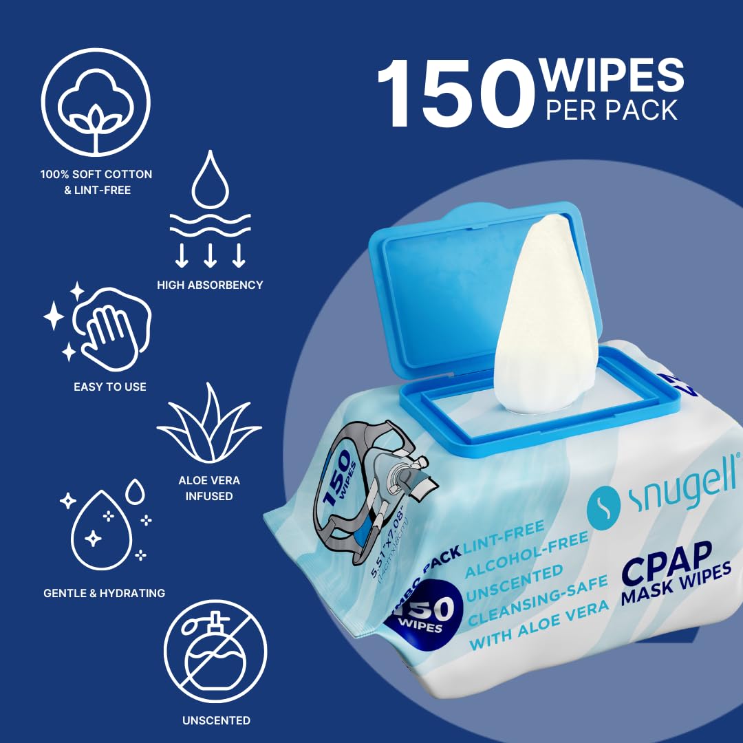 Snugell CPAP mask wipes packaging with features on a blue background