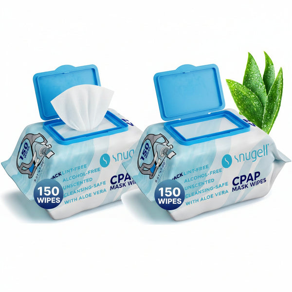 A package of Snugell CPAP mask wipes with the lid open, showing a white wipe protruding. The packaging is light blue and white with dark blue text, and a green aloe vera plant is pictured on the right side.