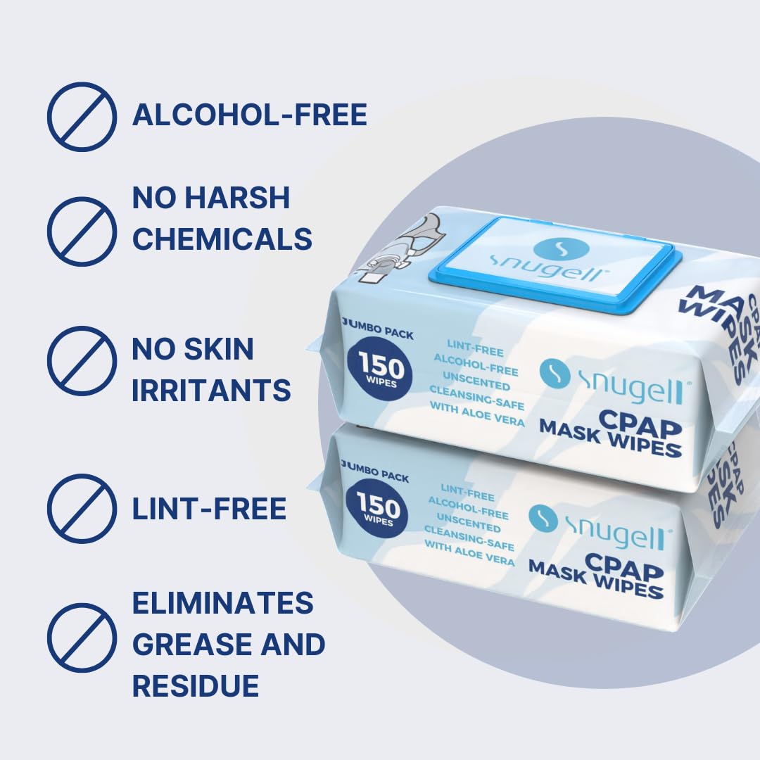 Snugell CPAP mask wipes packaging with product features listed on a light blue background