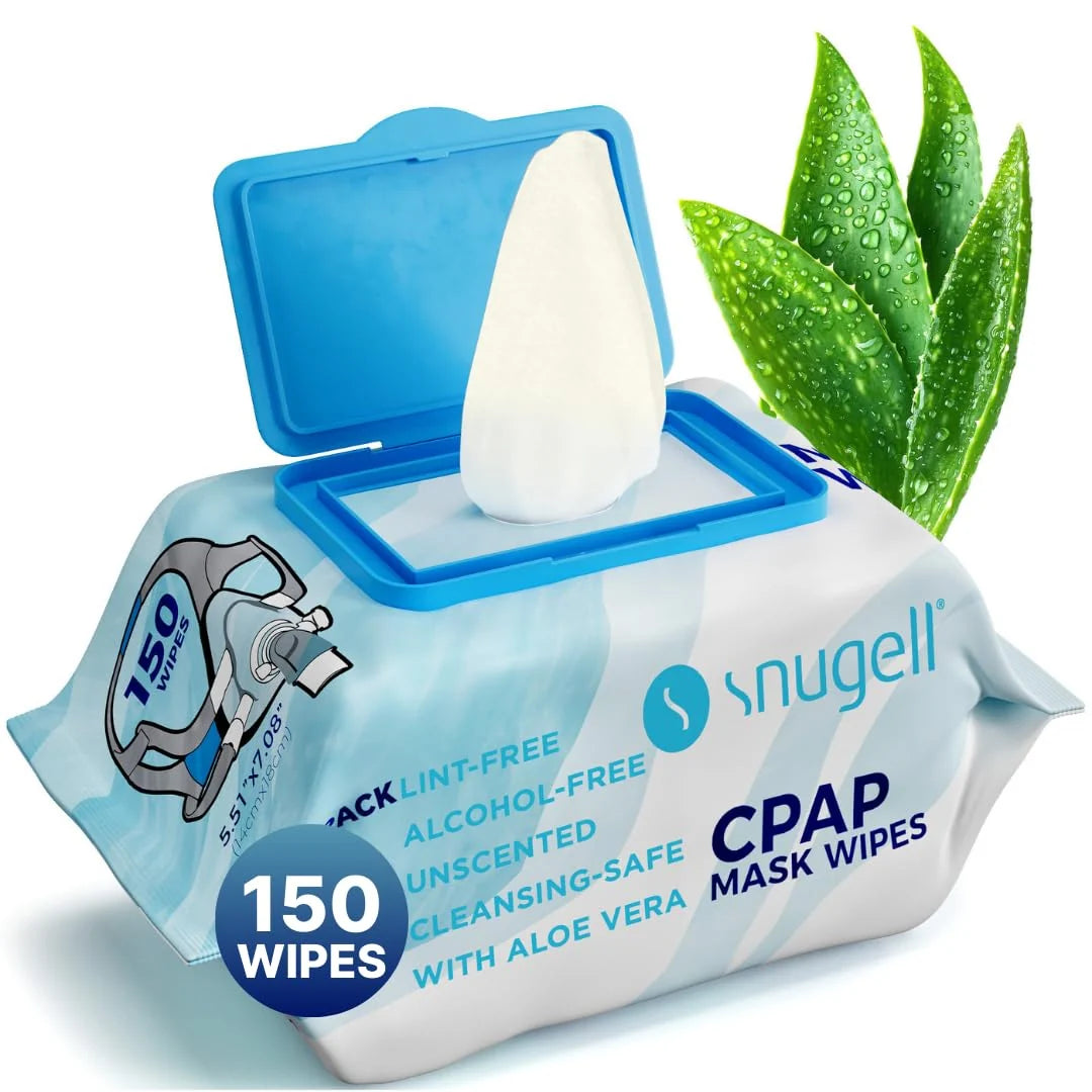 A package of Snugell CPAP mask wipes with the lid open, showing a white wipe protruding. The packaging is light blue and white with dark blue text, and a green aloe vera plant is pictured on the right side.