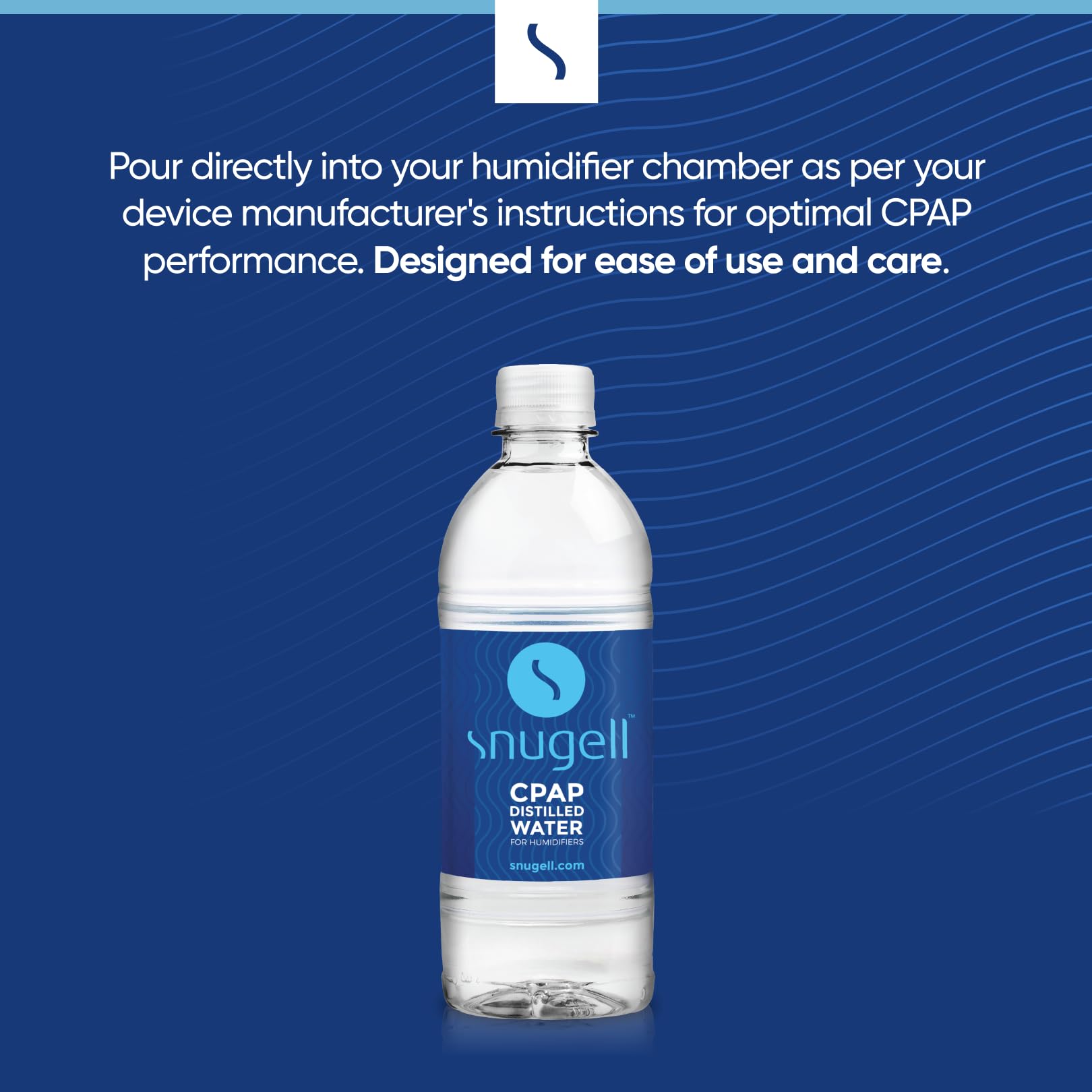Snugell CPAP distilled water bottle on a blue background with text about using the water for optimal CPAP performance.