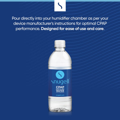Snugell CPAP distilled water bottle on a blue background with text about using the water for optimal CPAP performance.