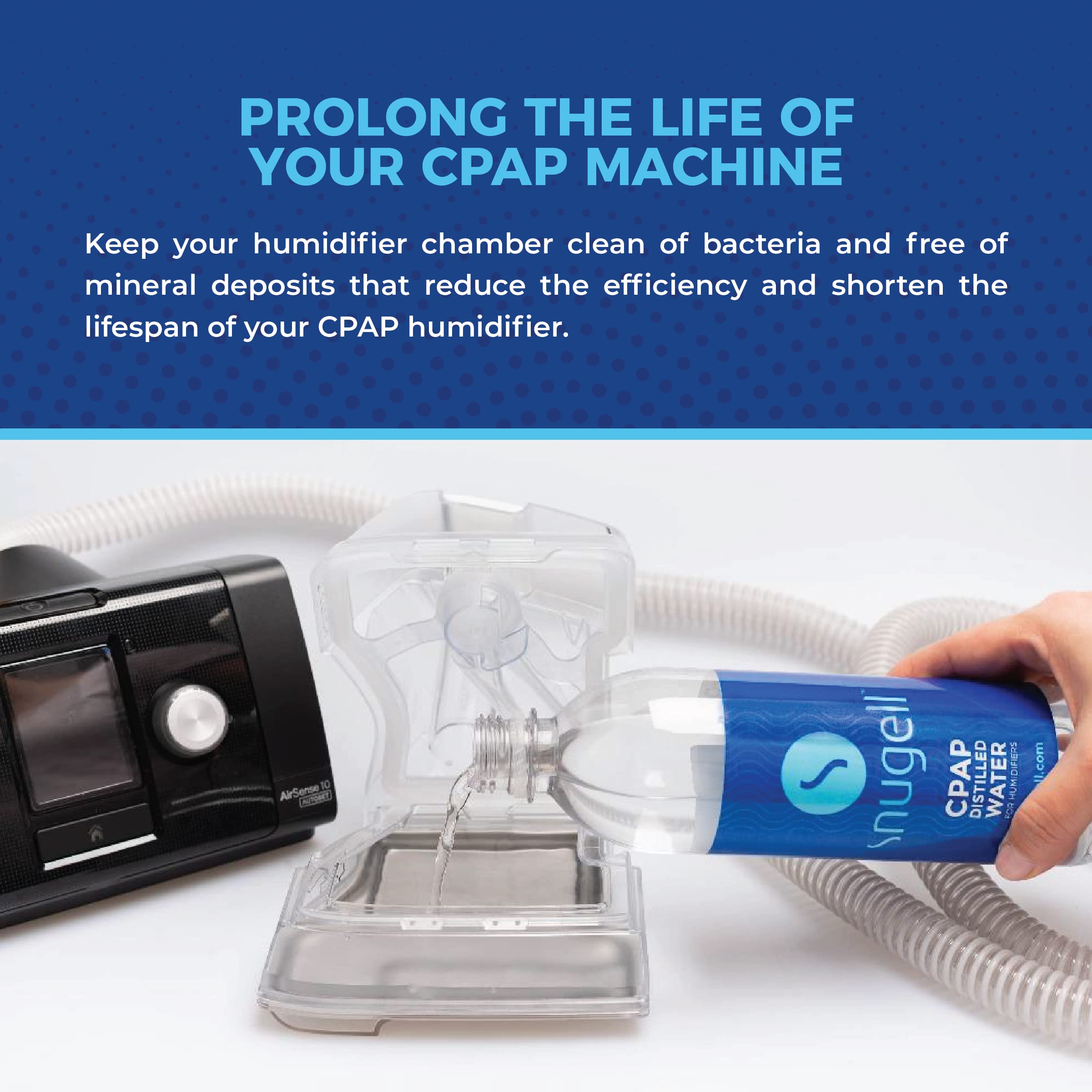 CPAP machine with a hand holding a bottle of water labeled 'Inugell' against a blue background with text about maintaining CPAP machine life.