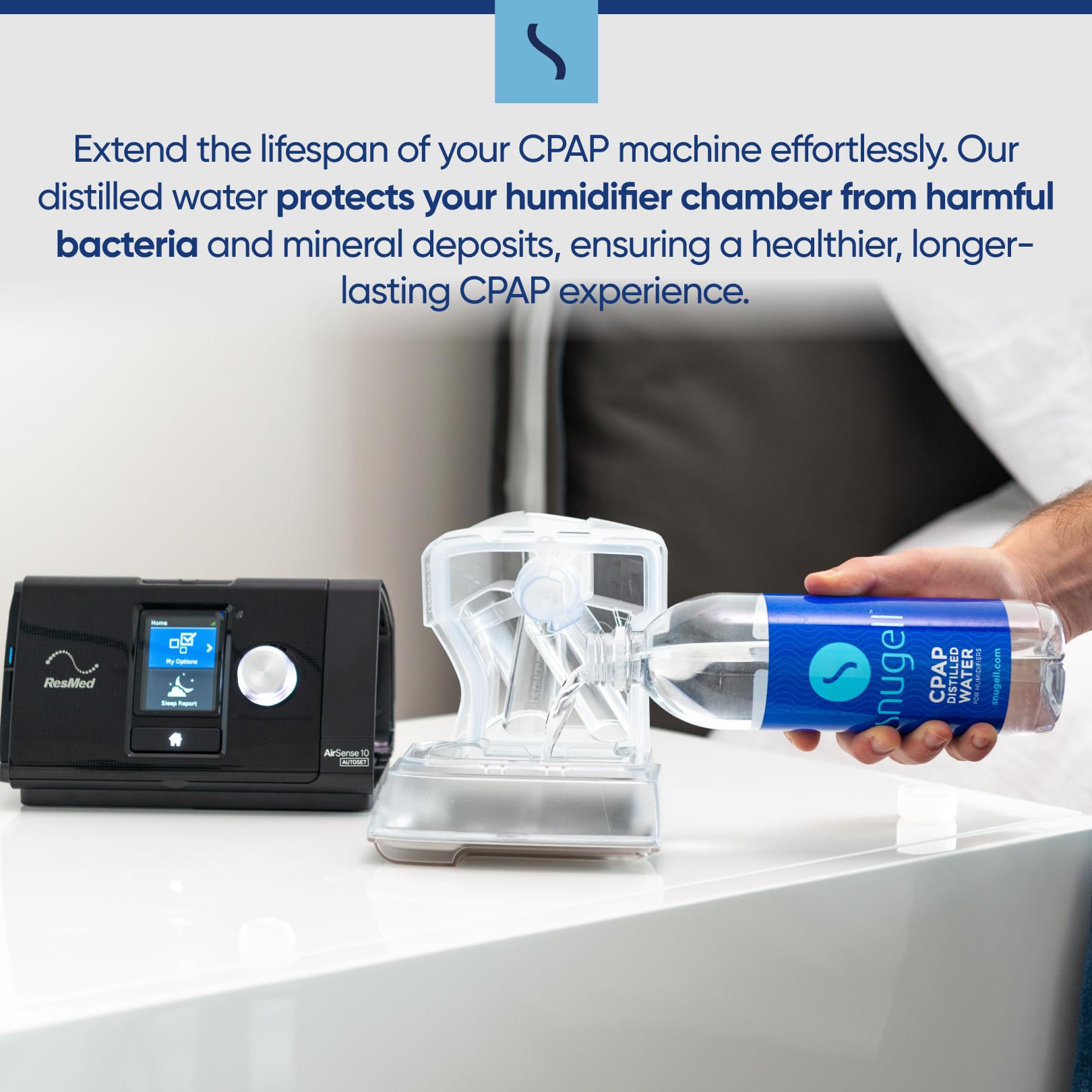 Person refilling a CPAP humidifier with distilled water, with text about CPAP machine maintenance.