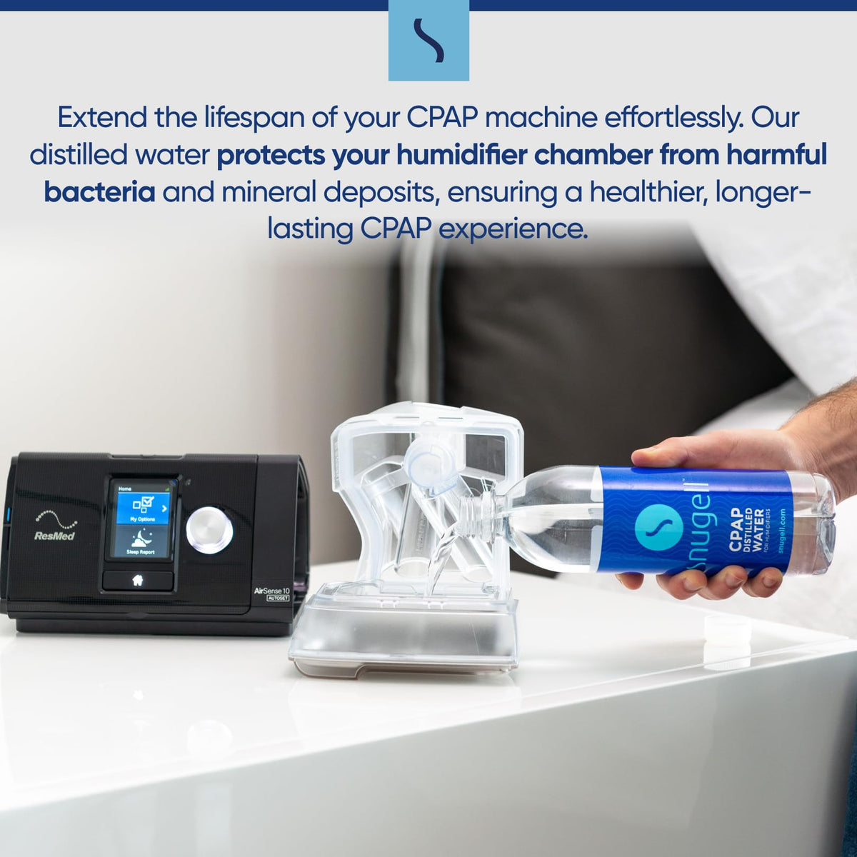 Person refilling a CPAP humidifier with distilled water, with text about CPAP machine maintenance.